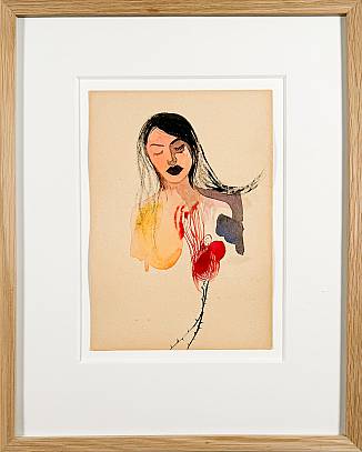 Gesicht mit roten Blumen  Tusche, Aquarell Papier 